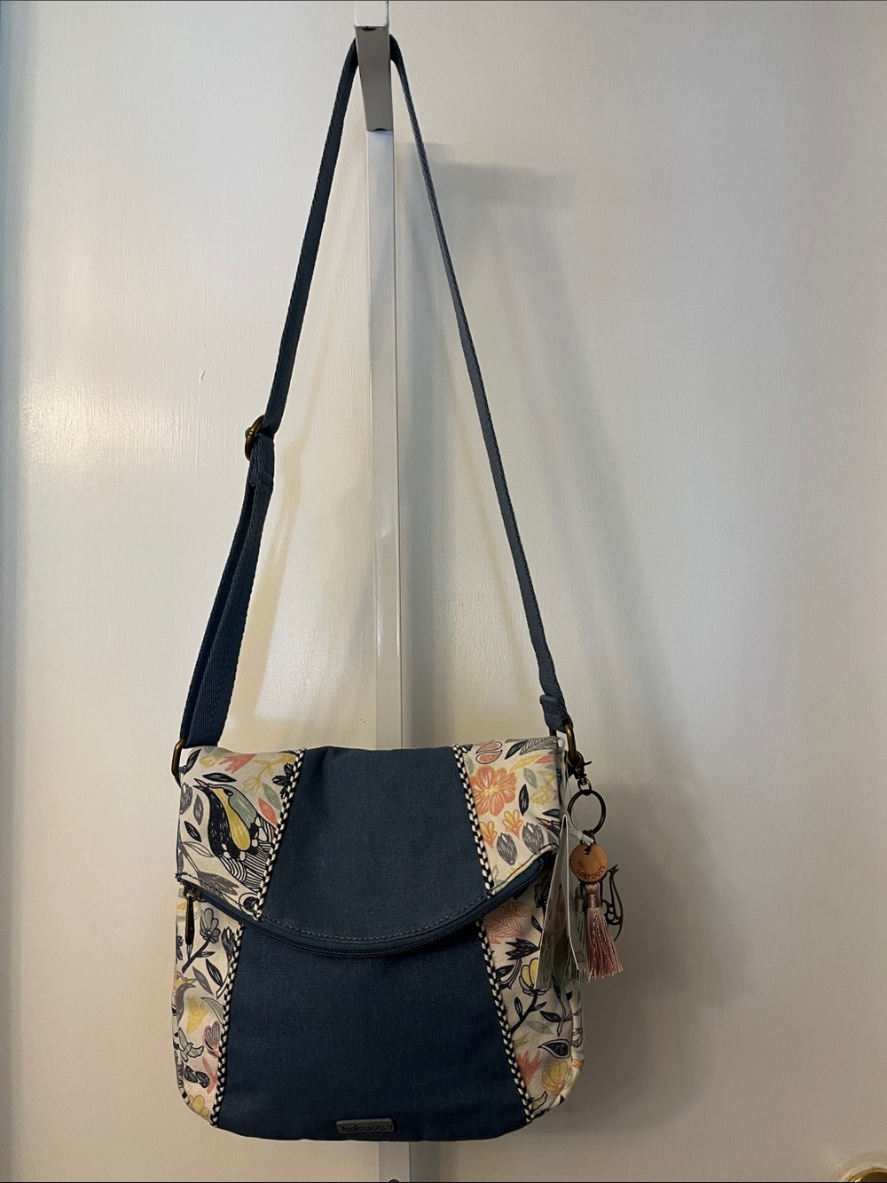 Sakroots Navy Crossbody with Floral Panels and Tassel